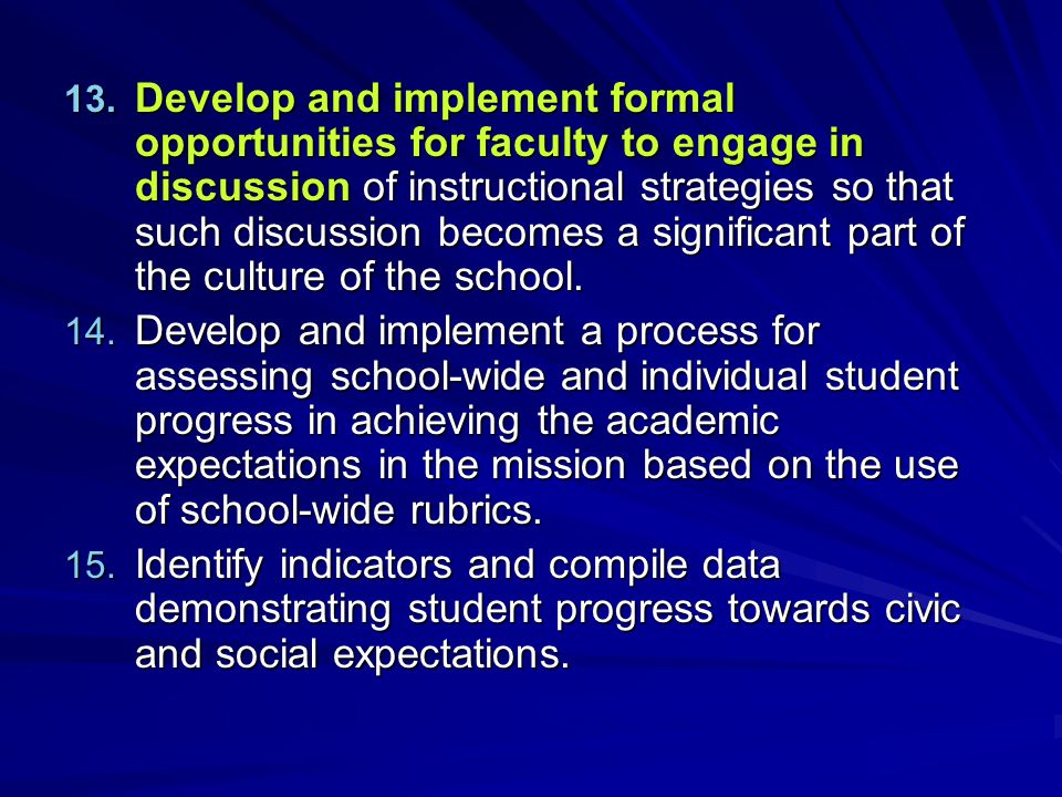Develop and implement formal opportunities for faculty to engage in discussion of instructional strategies so that such discussion becomes a significant part of the culture of the school.