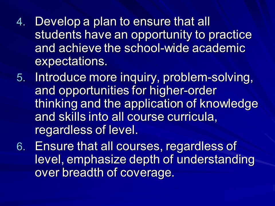 Develop a plan to ensure that all students have an opportunity to practice and achieve the school-wide academic expectations.