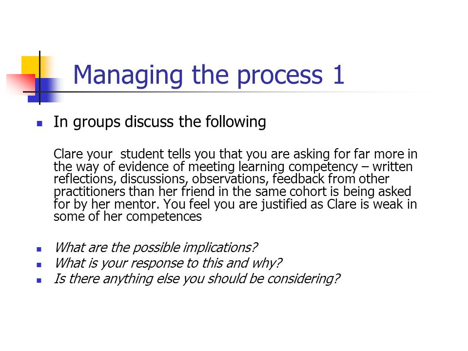 Managing the process 1 In groups discuss the following