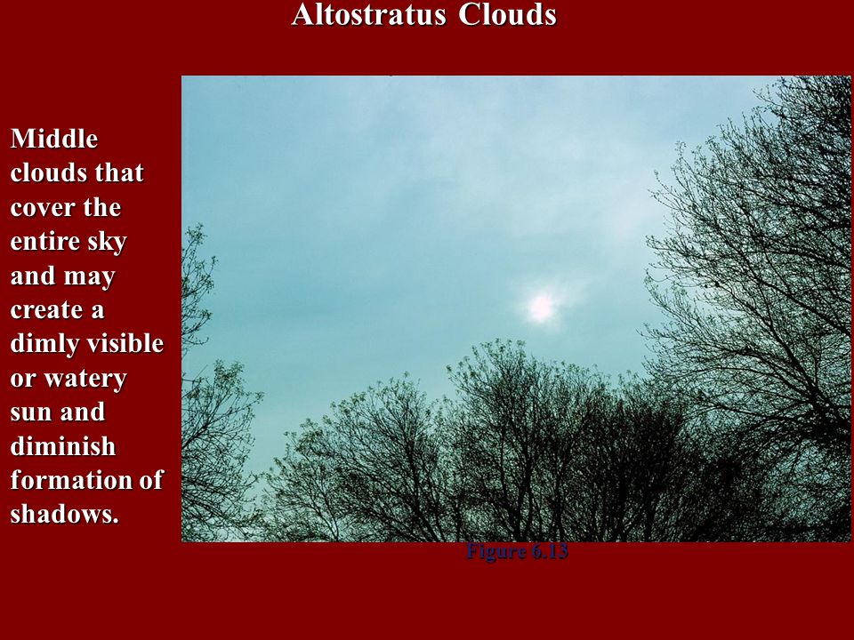Altostratus Clouds Middle clouds that cover the entire sky and may create a dimly visible or watery sun and diminish formation of shadows.