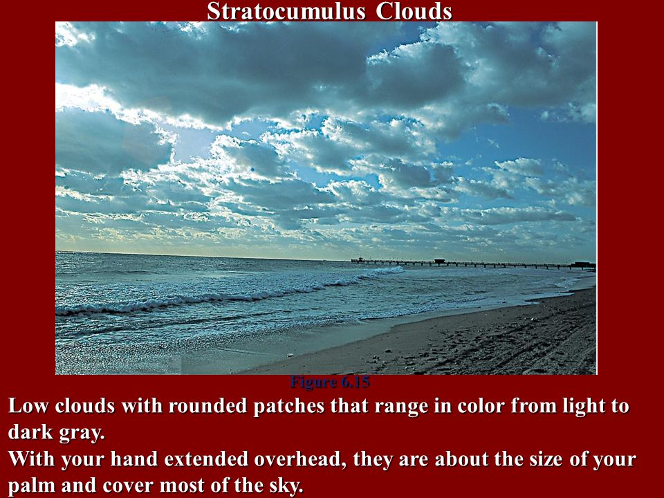 Stratocumulus Clouds Figure Low clouds with rounded patches that range in color from light to dark gray.