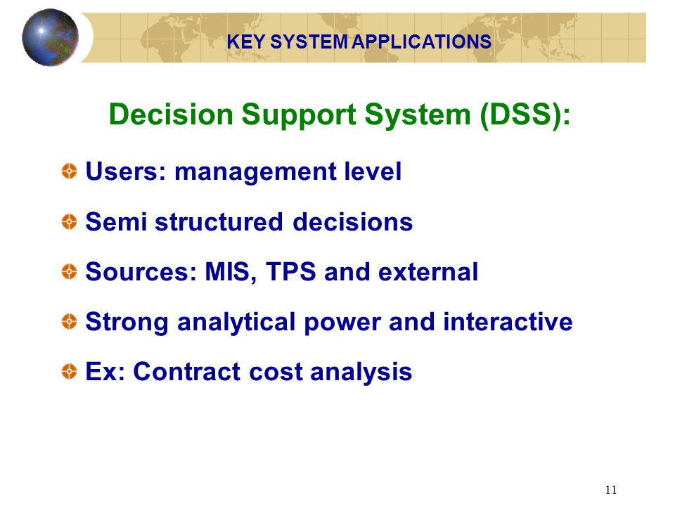 KEY SYSTEM APPLICATIONS Decision Support System (DSS):