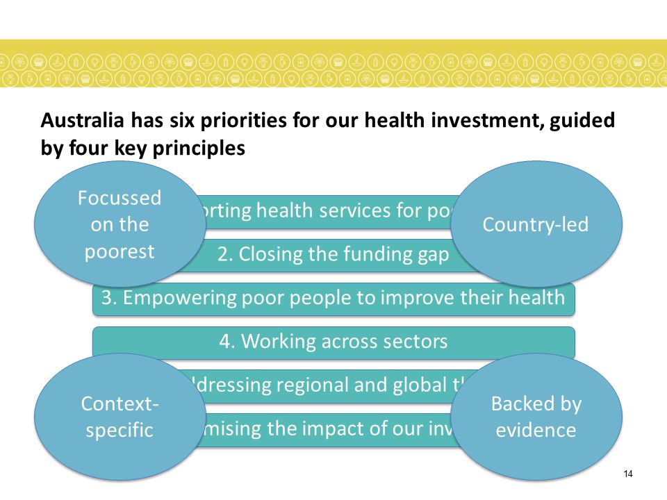 Australia has six priorities for our health investment, guided by four key principles