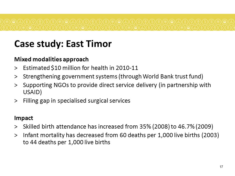 Case study: East Timor Mixed modalities approach