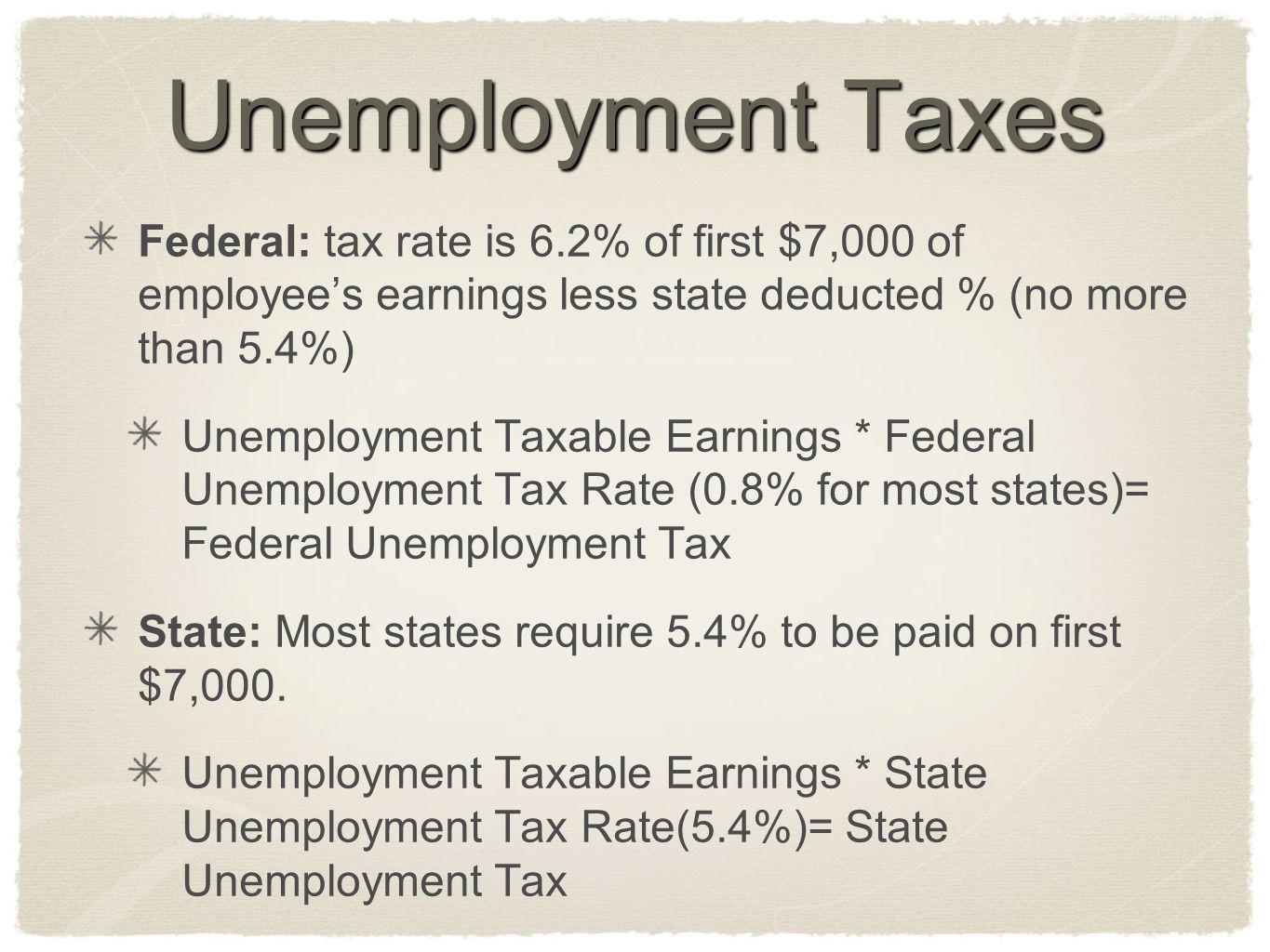 Unemployment Taxes Federal: tax rate is 6.2% of first $7,000 of employee’s earnings less state deducted % (no more than 5.4%)