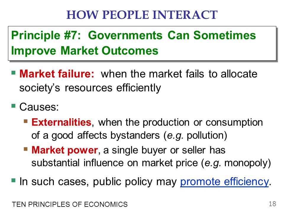 HOW PEOPLE INTERACT Principle #7: Governments Can Sometimes Improve Market Outcomes. Govt may alter market outcome to promote equity.