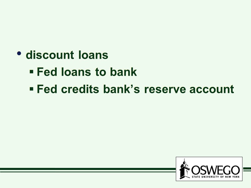 discount loans Fed loans to bank Fed credits bank’s reserve account