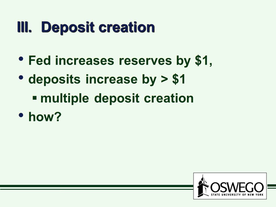 III. Deposit creation Fed increases reserves by $1,