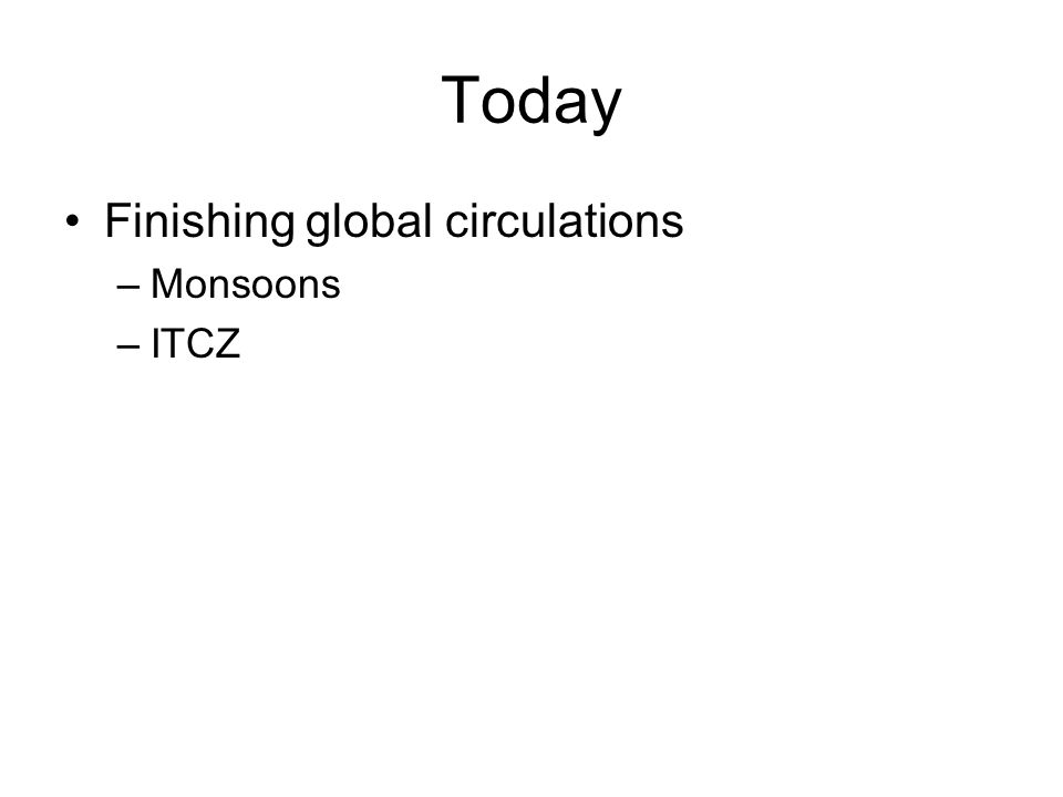 Today Finishing global circulations Monsoons ITCZ