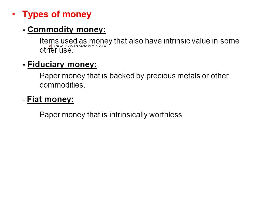 Types of money - Fiduciary money: - Commodity money:
