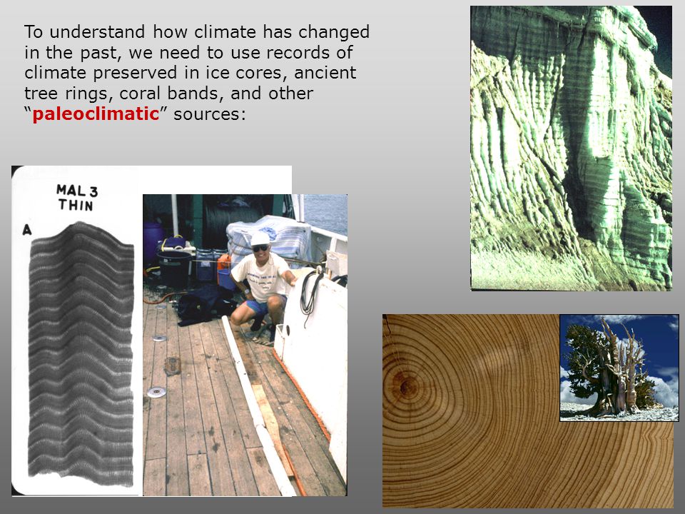To understand how climate has changed in the past, we need to use records of climate preserved in ice cores, ancient tree rings, coral bands, and other paleoclimatic sources: