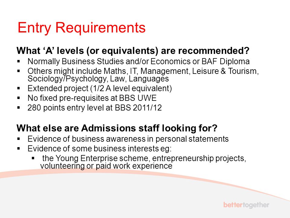 Entry Requirements What ‘A’ levels (or equivalents) are recommended