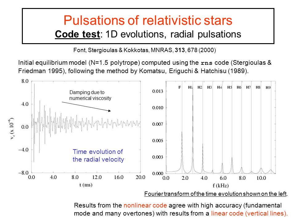 Pulsations of relativistic stars Code test: 1D evolutions, radial pulsations