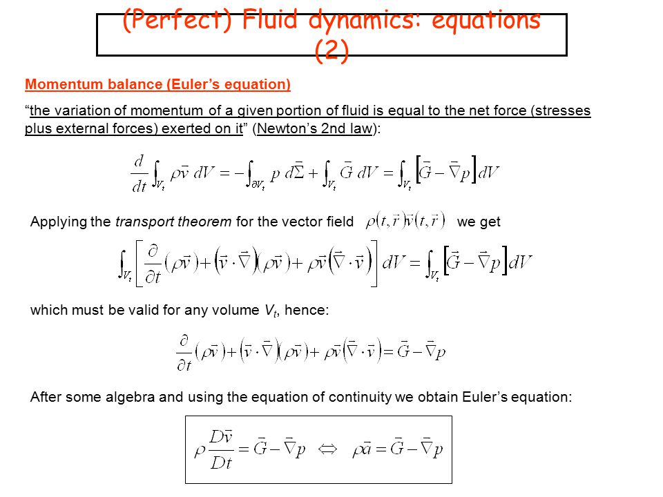 (Perfect) Fluid dynamics: equations (2)