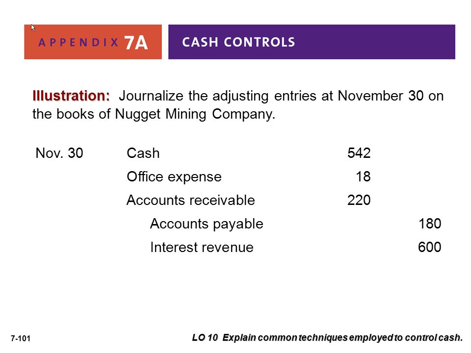 Illustration: Journalize the adjusting entries at November 30 on the books of Nugget Mining Company.