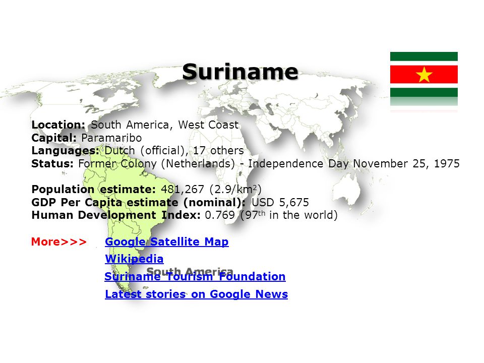 Suriname Location: South America, West Coast Capital: Paramaribo