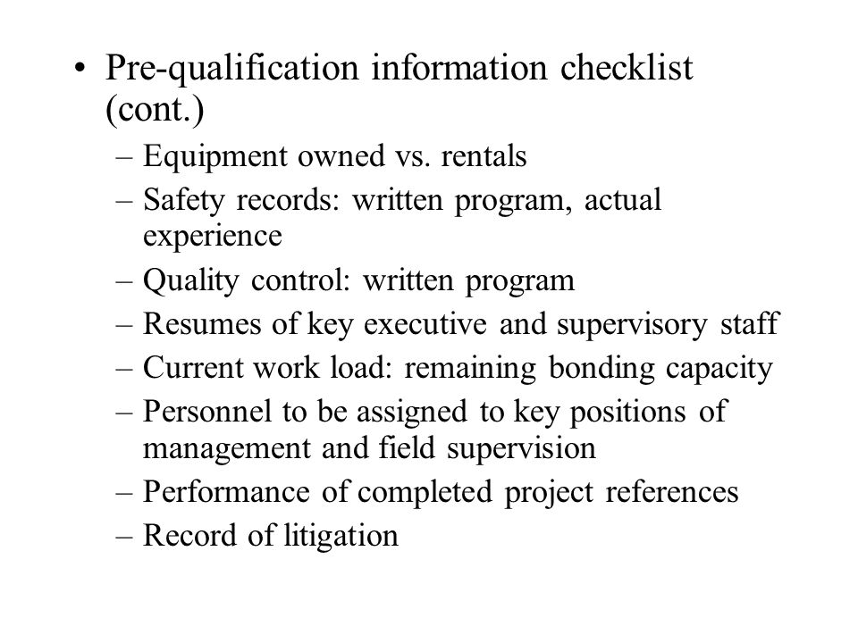 Pre-qualification information checklist (cont.)