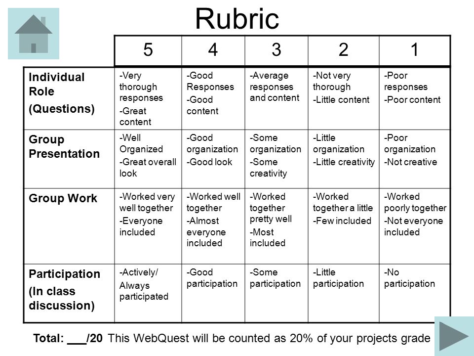 Rubric Individual Role (Questions) Group Presentation