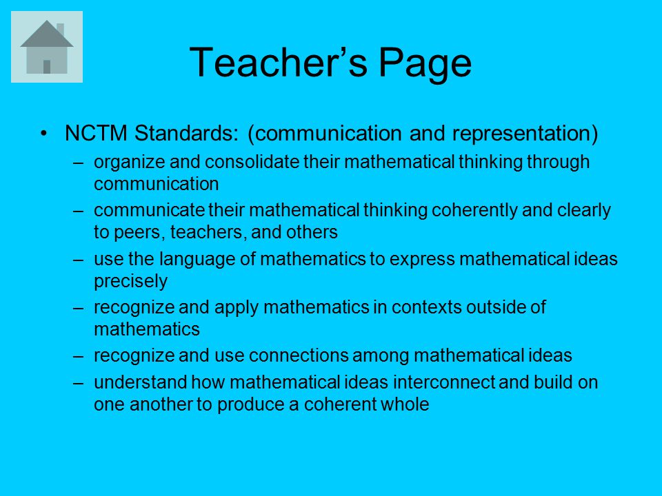 Teacher’s Page NCTM Standards: (communication and representation)