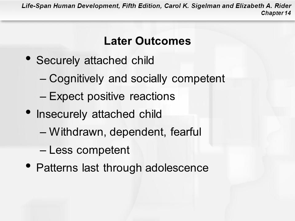 Later Outcomes Securely attached child. Cognitively and socially competent. Expect positive reactions.