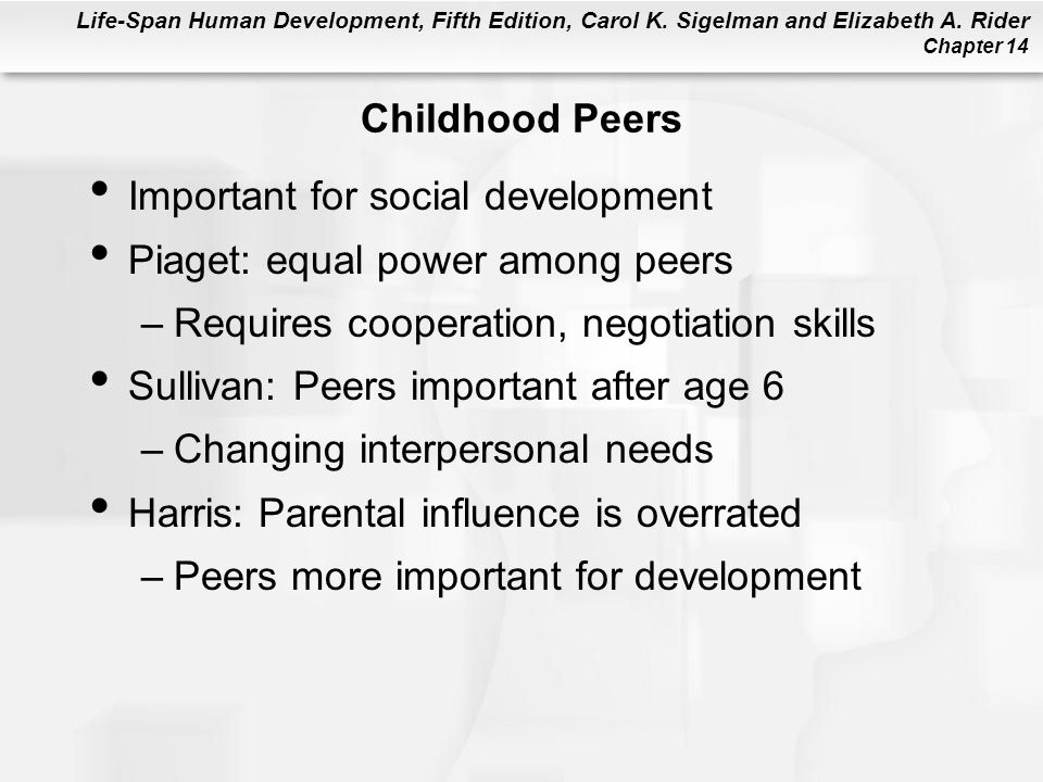 Childhood Peers Important for social development. Piaget: equal power among peers. Requires cooperation, negotiation skills.