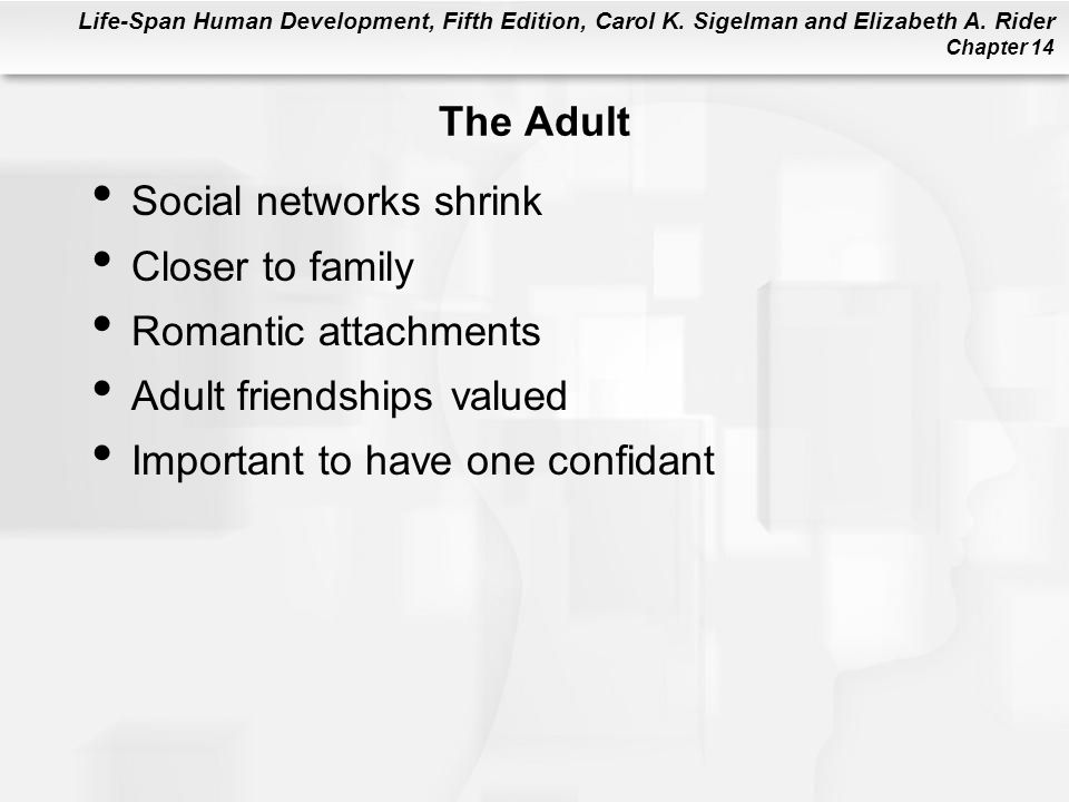 The Adult Social networks shrink. Closer to family. Romantic attachments. Adult friendships valued.