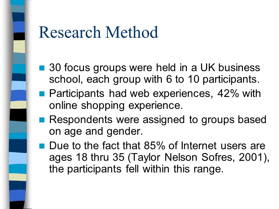 Research Method 30 focus groups were held in a UK business school, each group with 6 to 10 participants.
