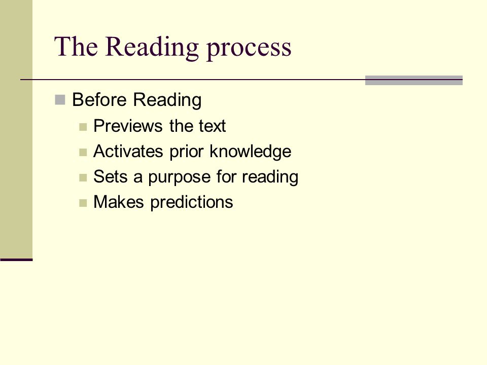 The Reading process Before Reading Previews the text