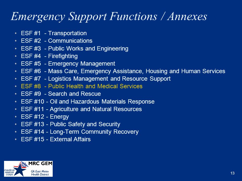 Emergency Support Functions / Annexes
