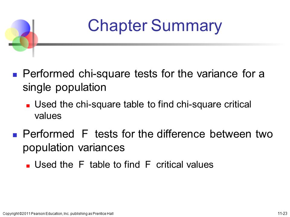 Chapter Summary Performed chi-square tests for the variance for a single population. Used the chi-square table to find chi-square critical values.