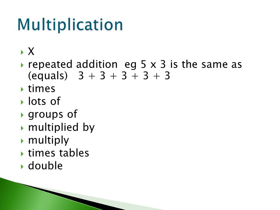 Multiplication X. repeated addition eg 5 x 3 is the same as (equals) times.