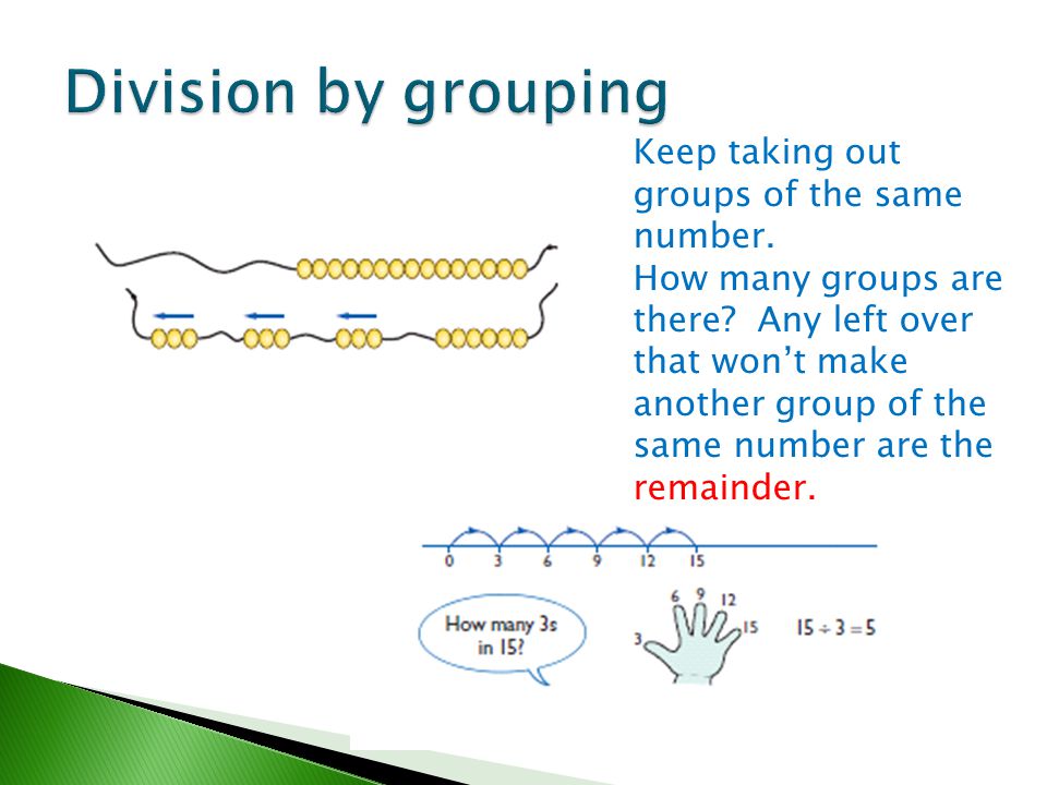Division by grouping Keep taking out groups of the same number.