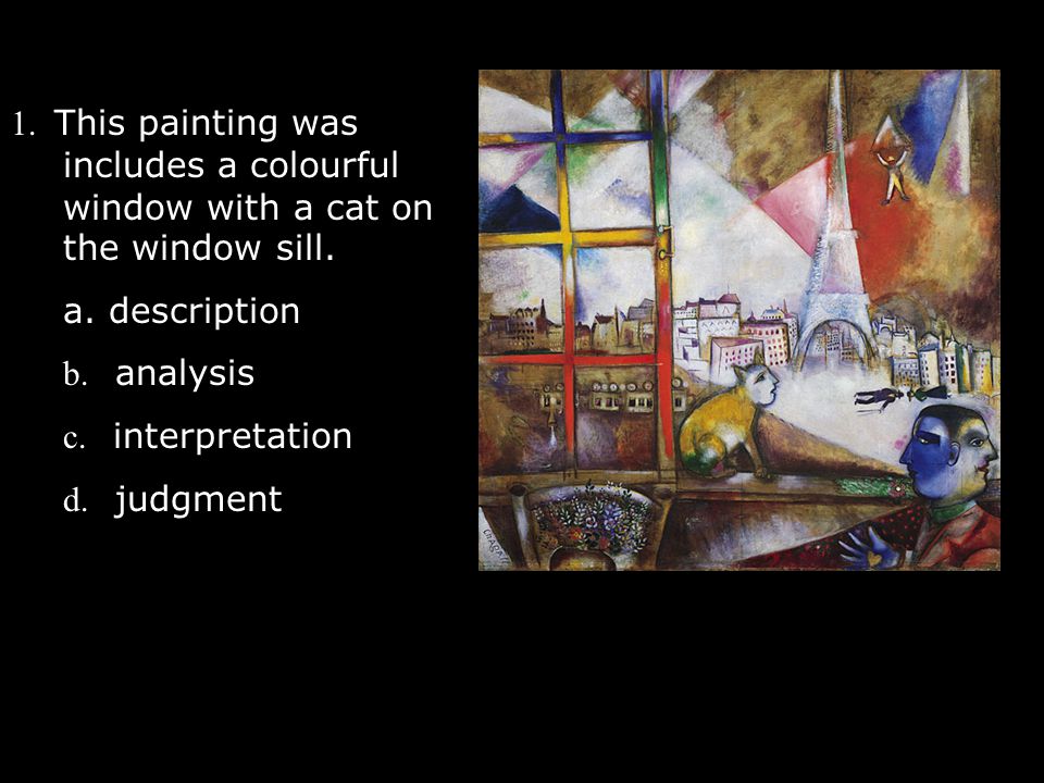 1. This painting was includes a colourful window with a cat on the window sill.