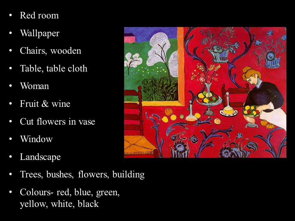 Red room Wallpaper. Chairs, wooden. Table, table cloth. Woman. Fruit & wine. Cut flowers in vase.