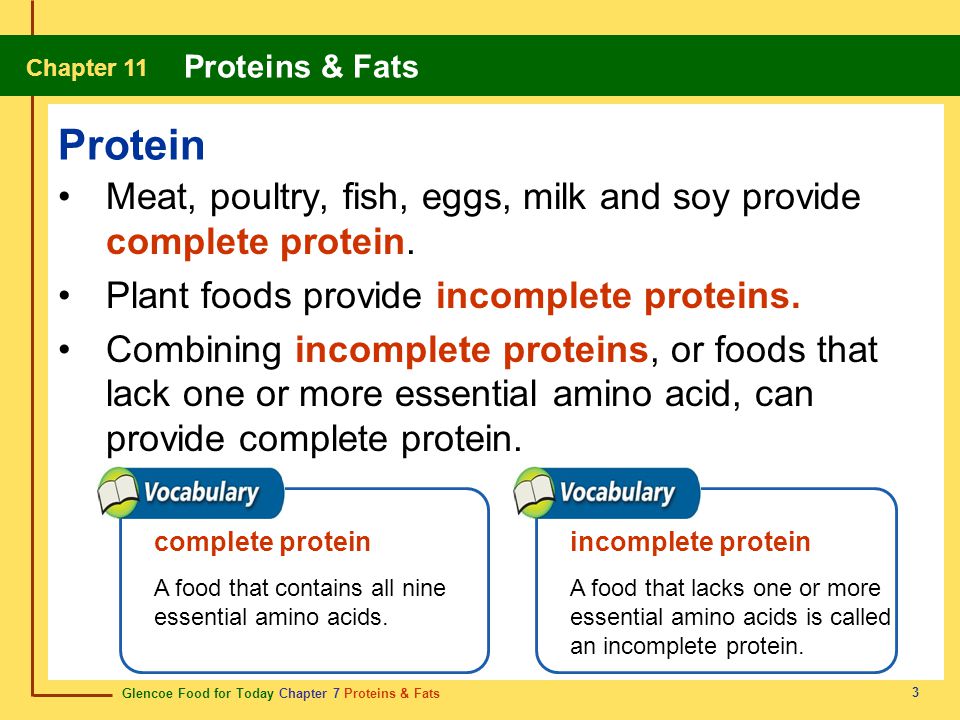 Chapter 11 Protein. Meat, poultry, fish, eggs, milk and soy provide complete protein. Plant foods provide incomplete proteins.
