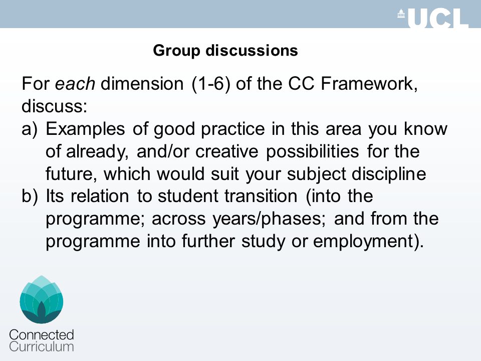 For each dimension (1-6) of the CC Framework, discuss: