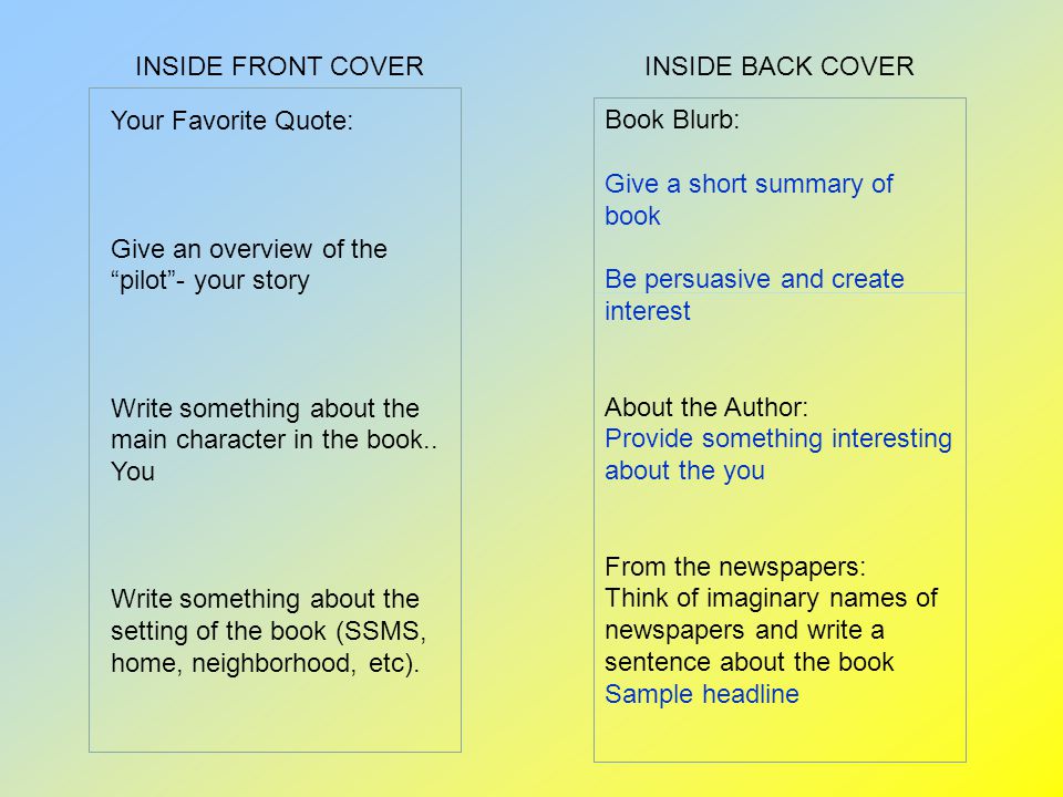 INSIDE FRONT COVER INSIDE BACK COVER. Your Favorite Quote: Give an overview of the pilot - your story.