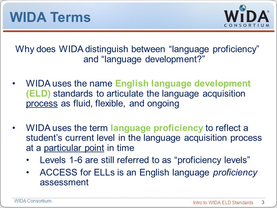 WIDA Terms Why does WIDA distinguish between language proficiency and language development