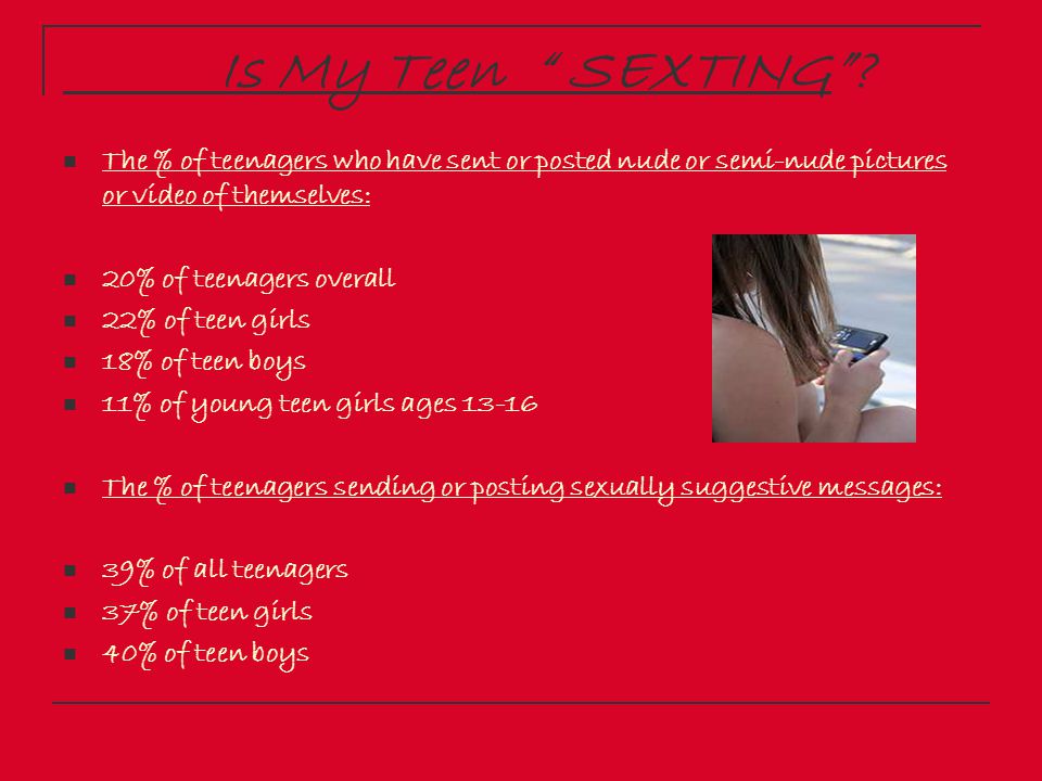 Is My Teen SEXTING The % of teenagers who have sent or posted nude or semi-nude pictures or video of themselves: