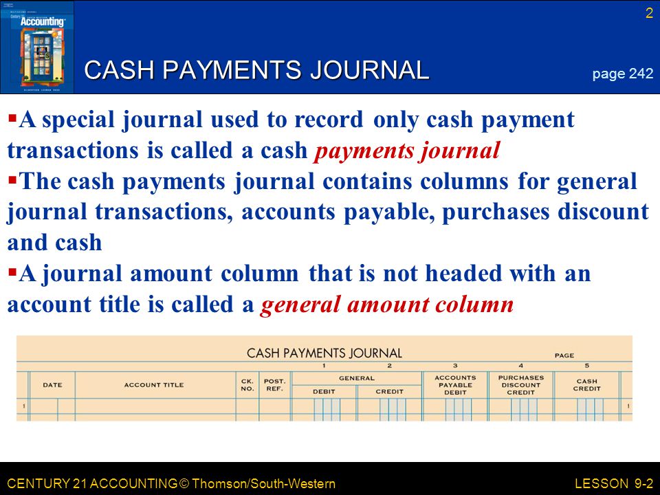 CASH PAYMENTS JOURNAL page 242. A special journal used to record only cash payment transactions is called a cash payments journal.