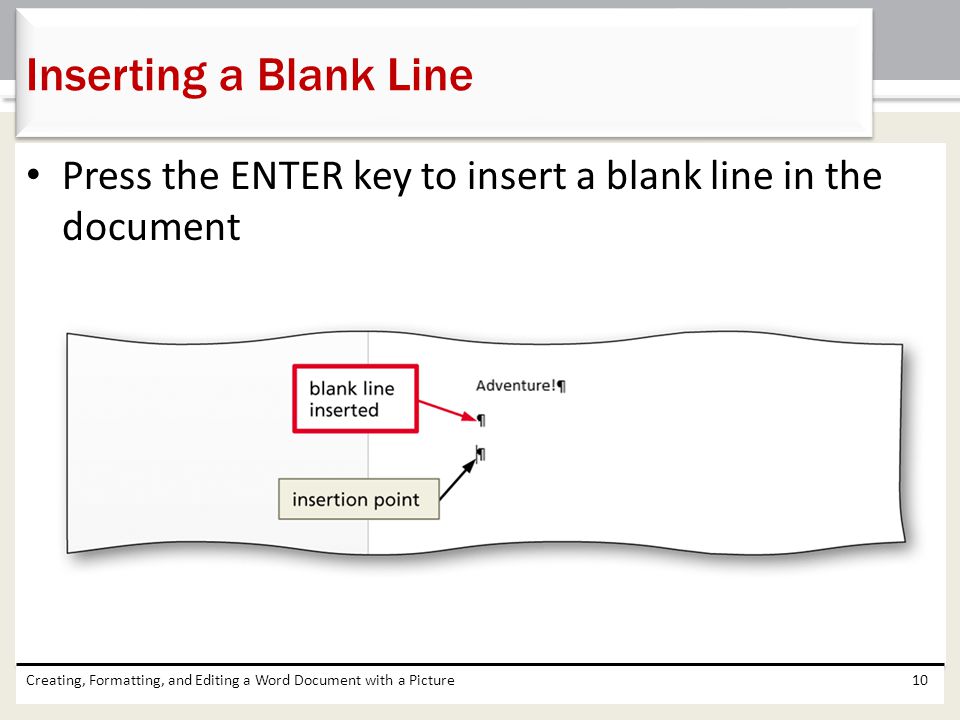 Inserting a Blank Line Press the ENTER key to insert a blank line in the document.