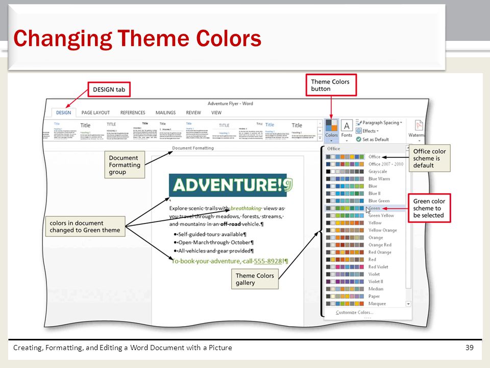 Changing Theme Colors Creating, Formatting, and Editing a Word Document with a Picture