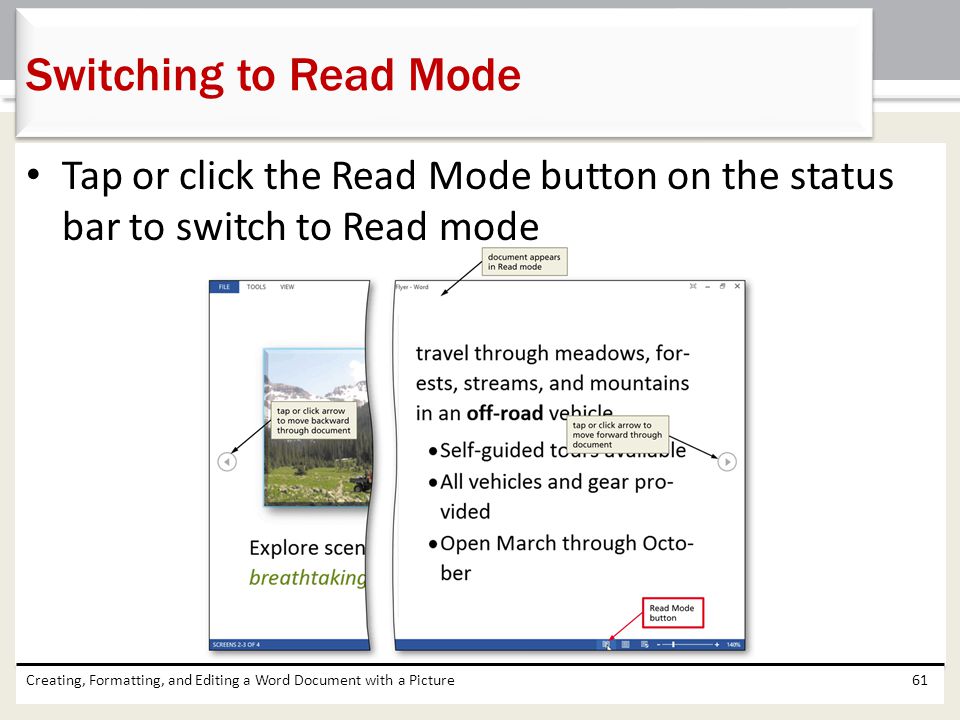 Switching to Read Mode Tap or click the Read Mode button on the status bar to switch to Read mode.
