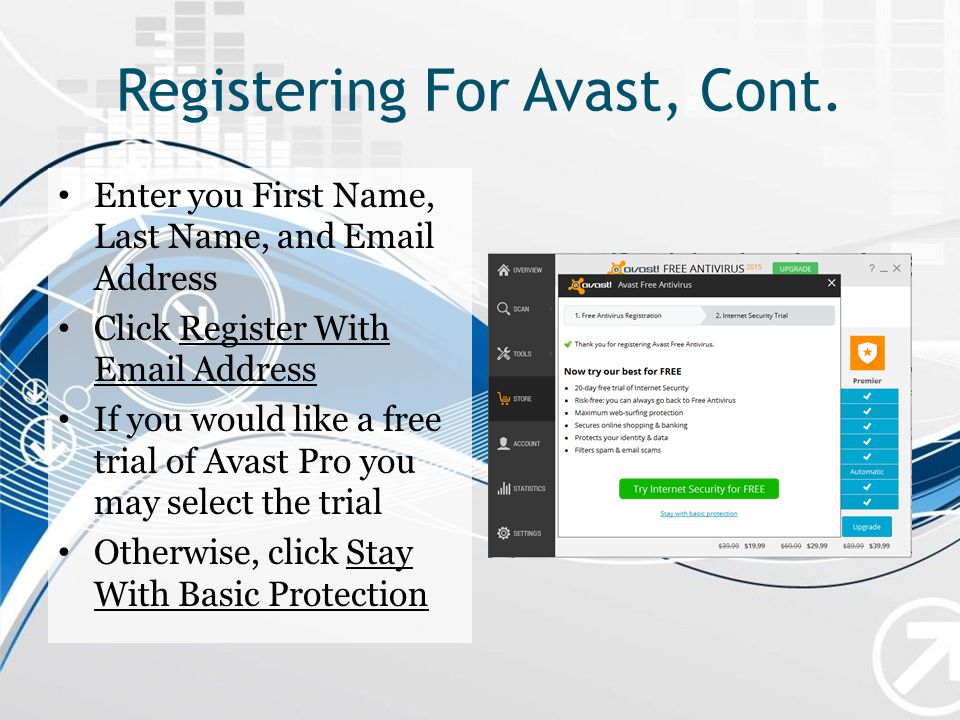 Registering For Avast, Cont.