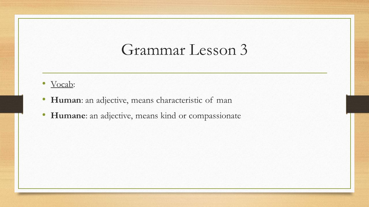 Grammar Lesson 3 Vocab: Human: an adjective, means characteristic of man.