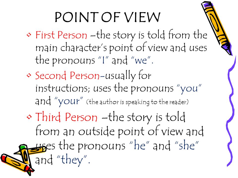 POINT OF VIEW First Person –the story is told from the main character’s point of view and uses the pronouns I and we .