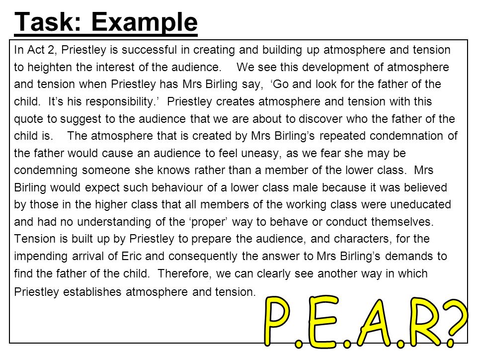 Task: Example In Act 2, Priestley is successful in creating and building up atmosphere and tension.