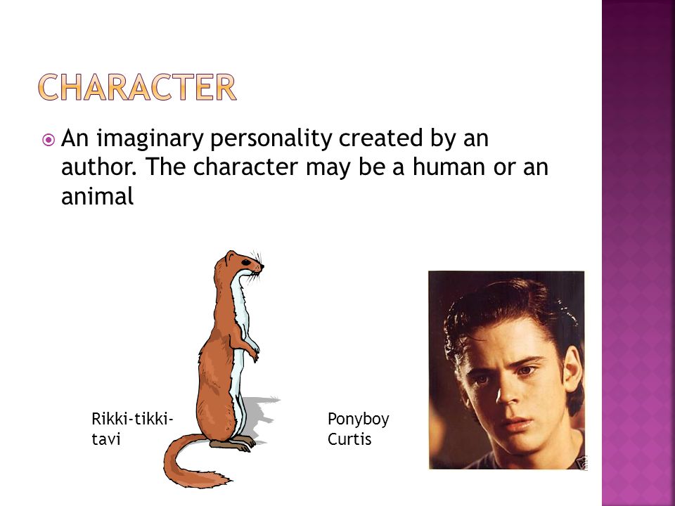 Character An imaginary personality created by an author. The character may be a human or an animal.