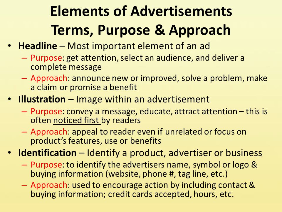 Elements of Advertisements Terms, Purpose & Approach