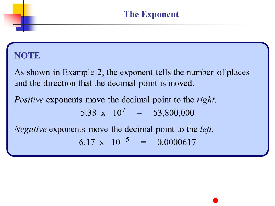 The Exponent NOTE. As shown in Example 2, the exponent tells the number of places and the direction that the decimal point is moved.